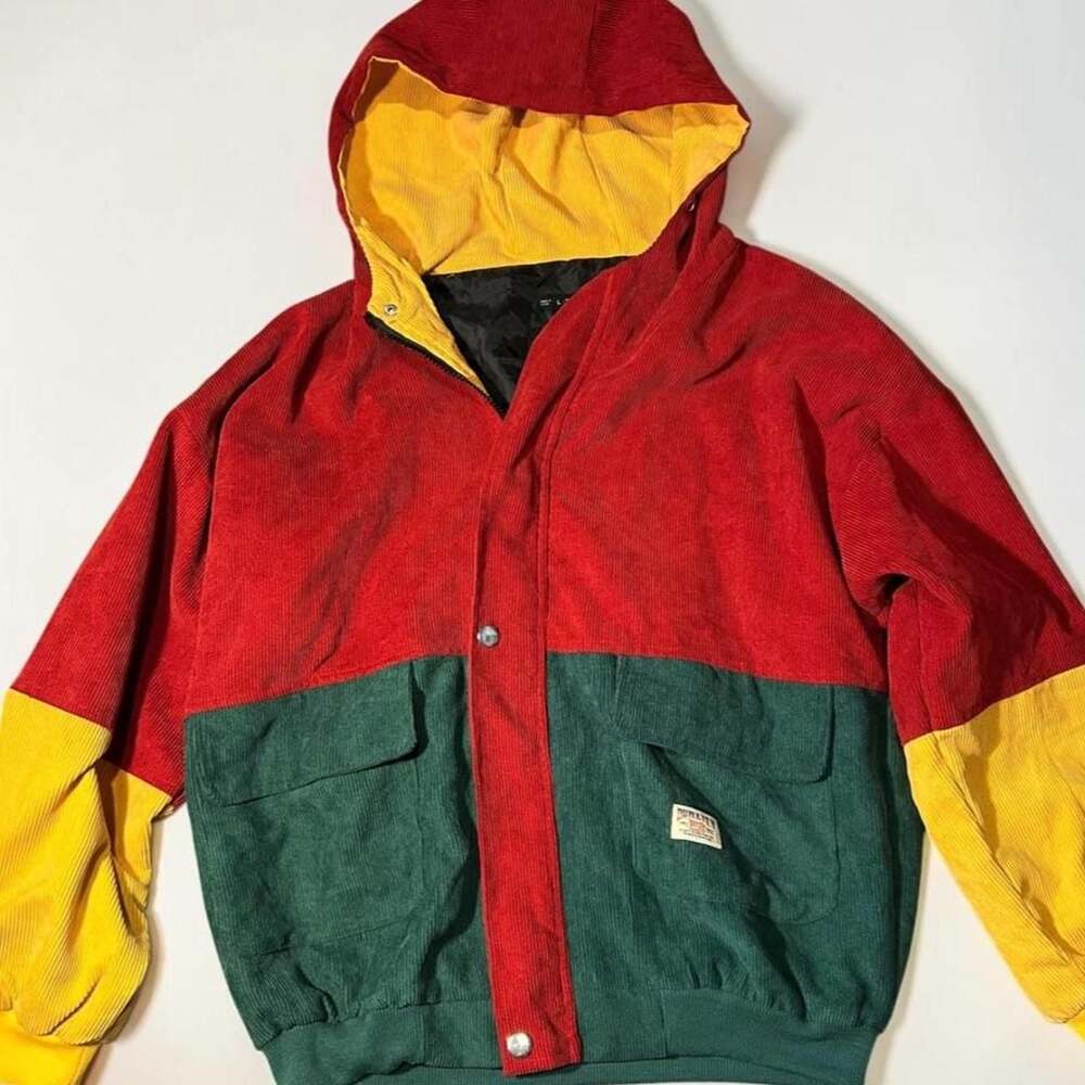 Zaful 90s Colorblock Corduroy Hooded Jacket Red Green Yellow